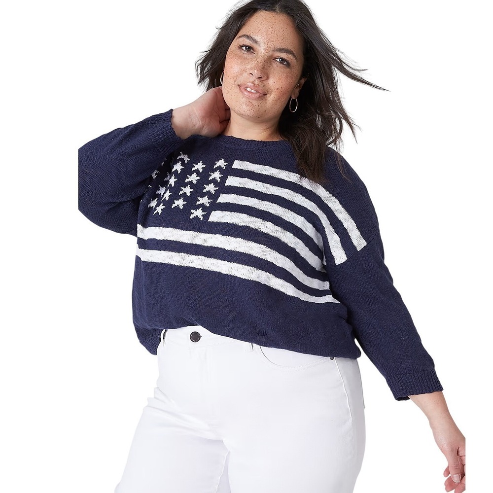 NWT Lane Bryant Womens 18/20 Navy Cotton American Flag Knit Pullover Sweater